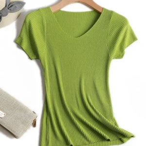 Sweter z dzianiny z krótkim rękawem damski slim Zielony