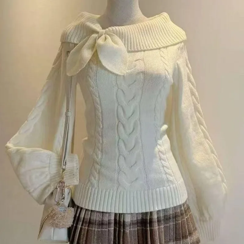 Sweter dzianinowy z kokardą Y2K dopasowany krój Beżowy