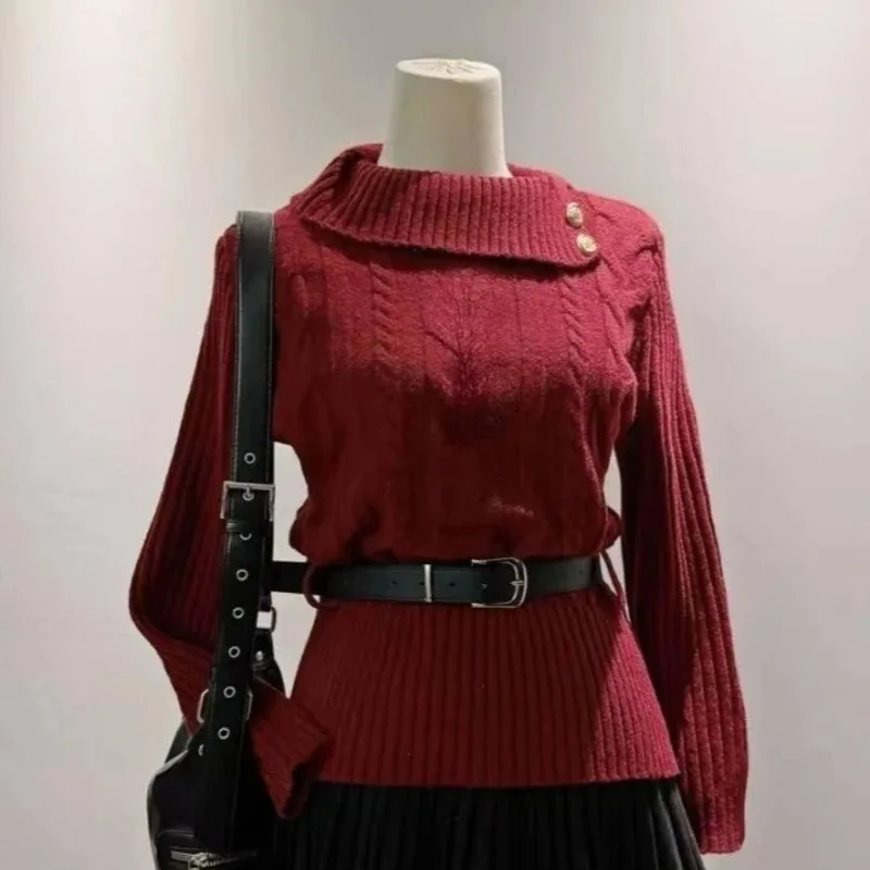 Sweter dzianinowy z kokardą Y2K dopasowany krój Fuksja
