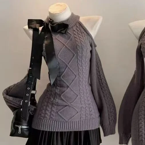 Sweter dzianinowy z kokardą Y2K dopasowany krój Szampan