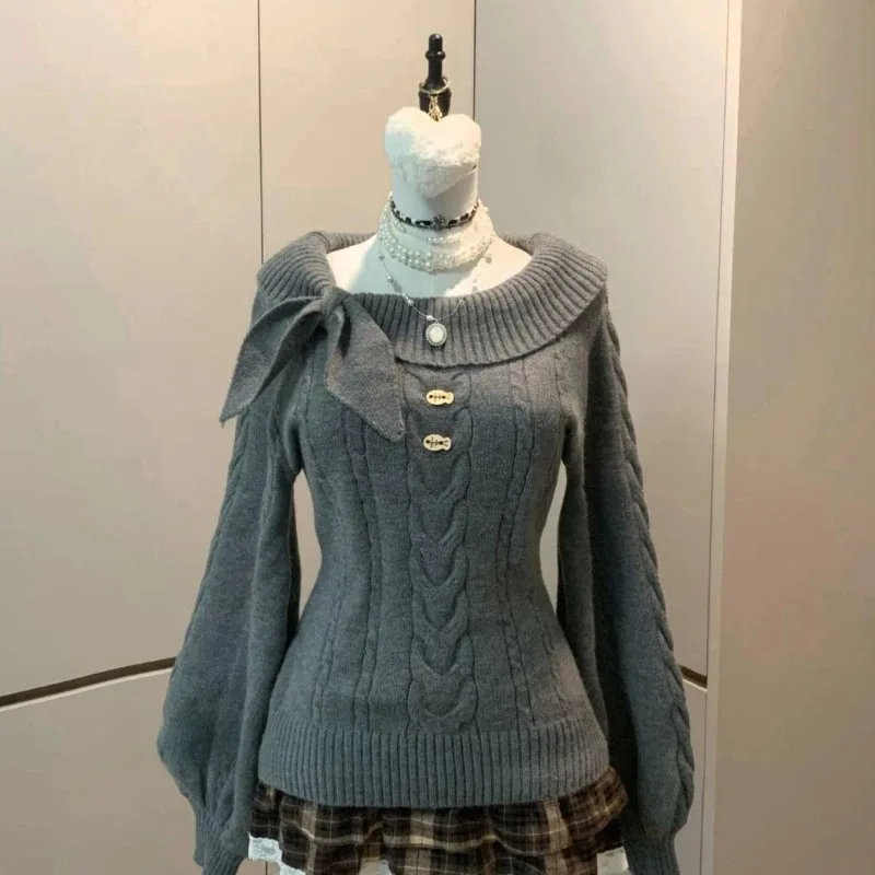 Sweter dzianinowy z kokardą Y2K dopasowany krój Złoto
