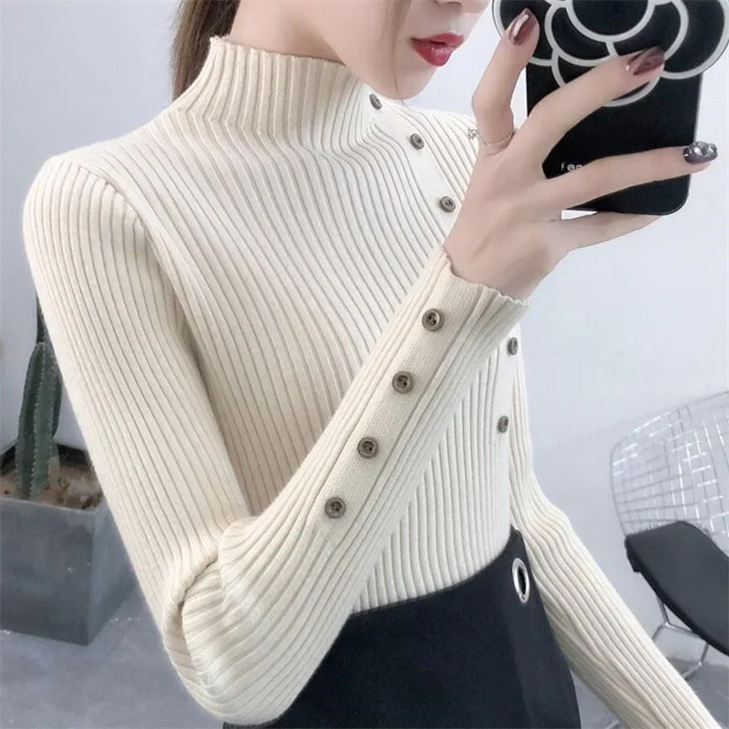 Sweter golf damski bawełniany zapinany na guziki, elastyczny Beżowy