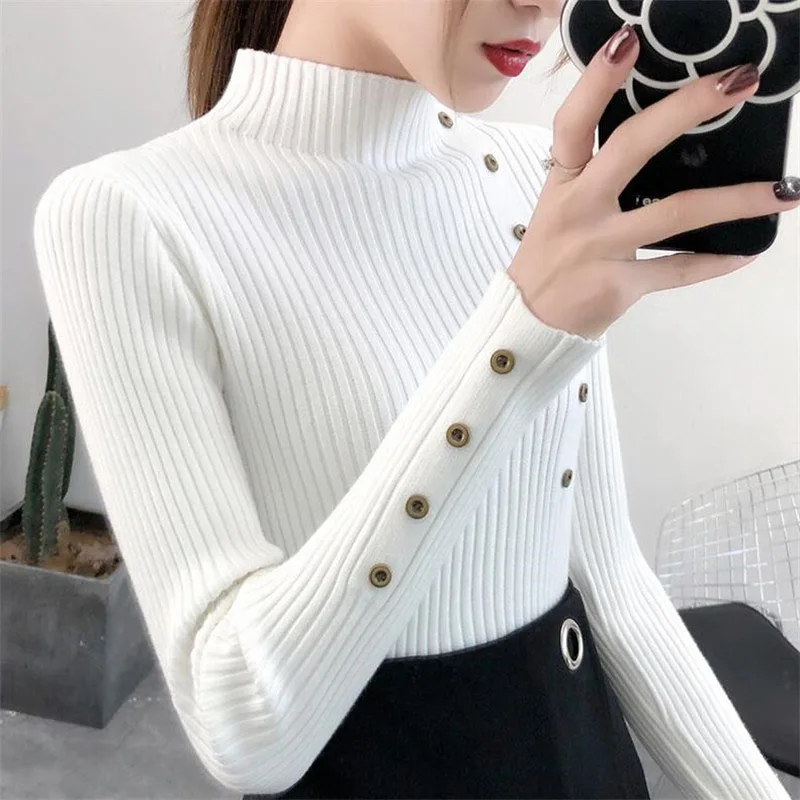 Sweter golf damski bawełniany zapinany na guziki, elastyczny Biały