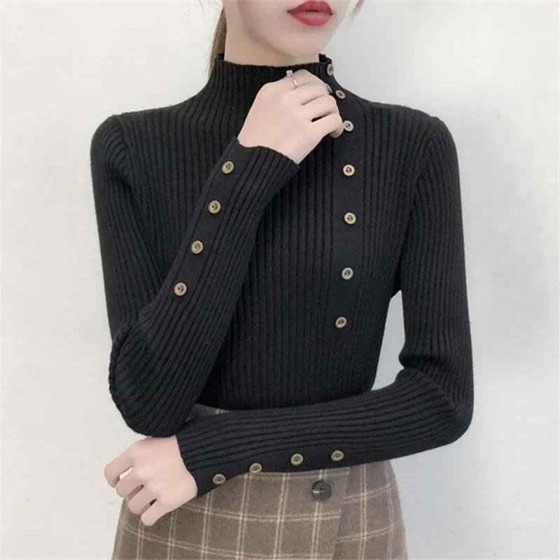 Sweter golf damski bawełniany zapinany na guziki, elastyczny Czarny