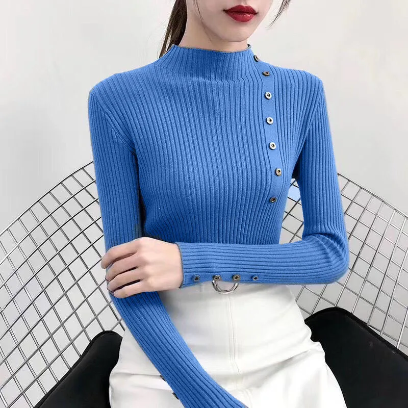 Sweter golf damski bawełniany zapinany na guziki, elastyczny Niebieski