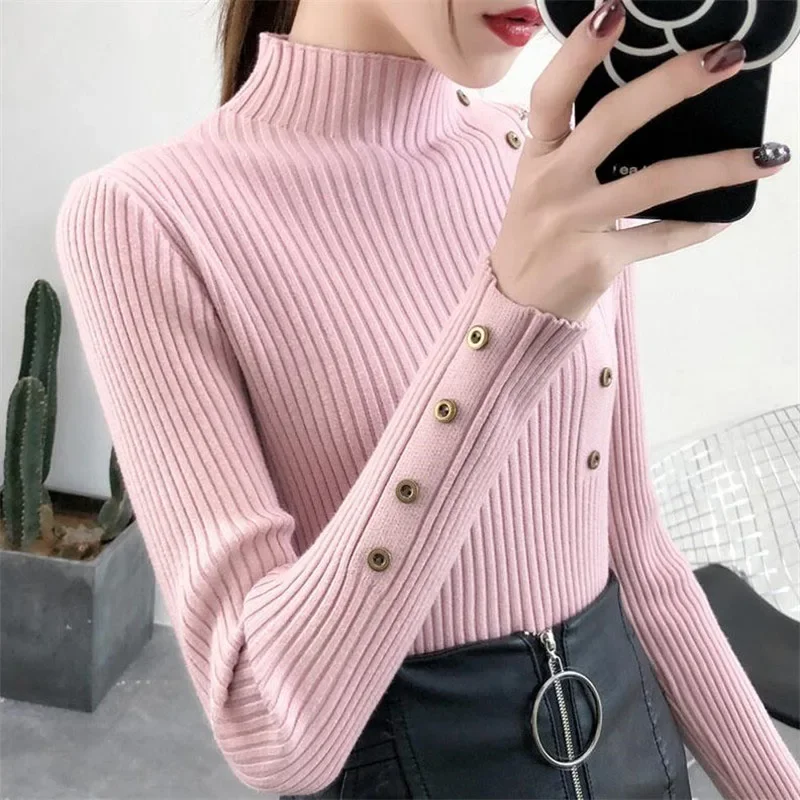 Sweter golf damski bawełniany zapinany na guziki, elastyczny Różowy