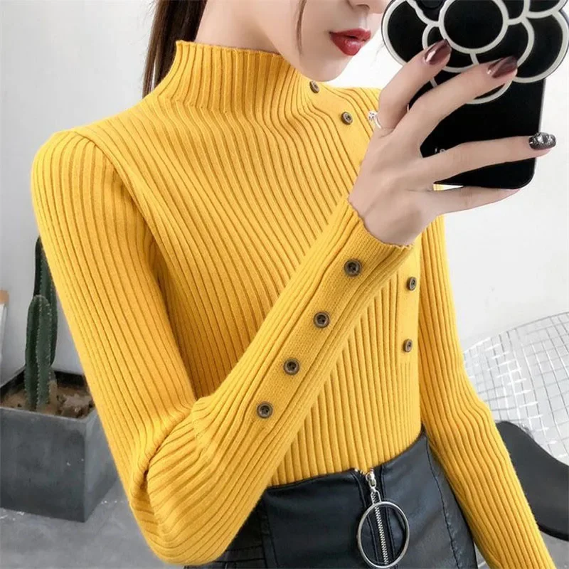 Sweter golf damski bawełniany zapinany na guziki, elastyczny żółty