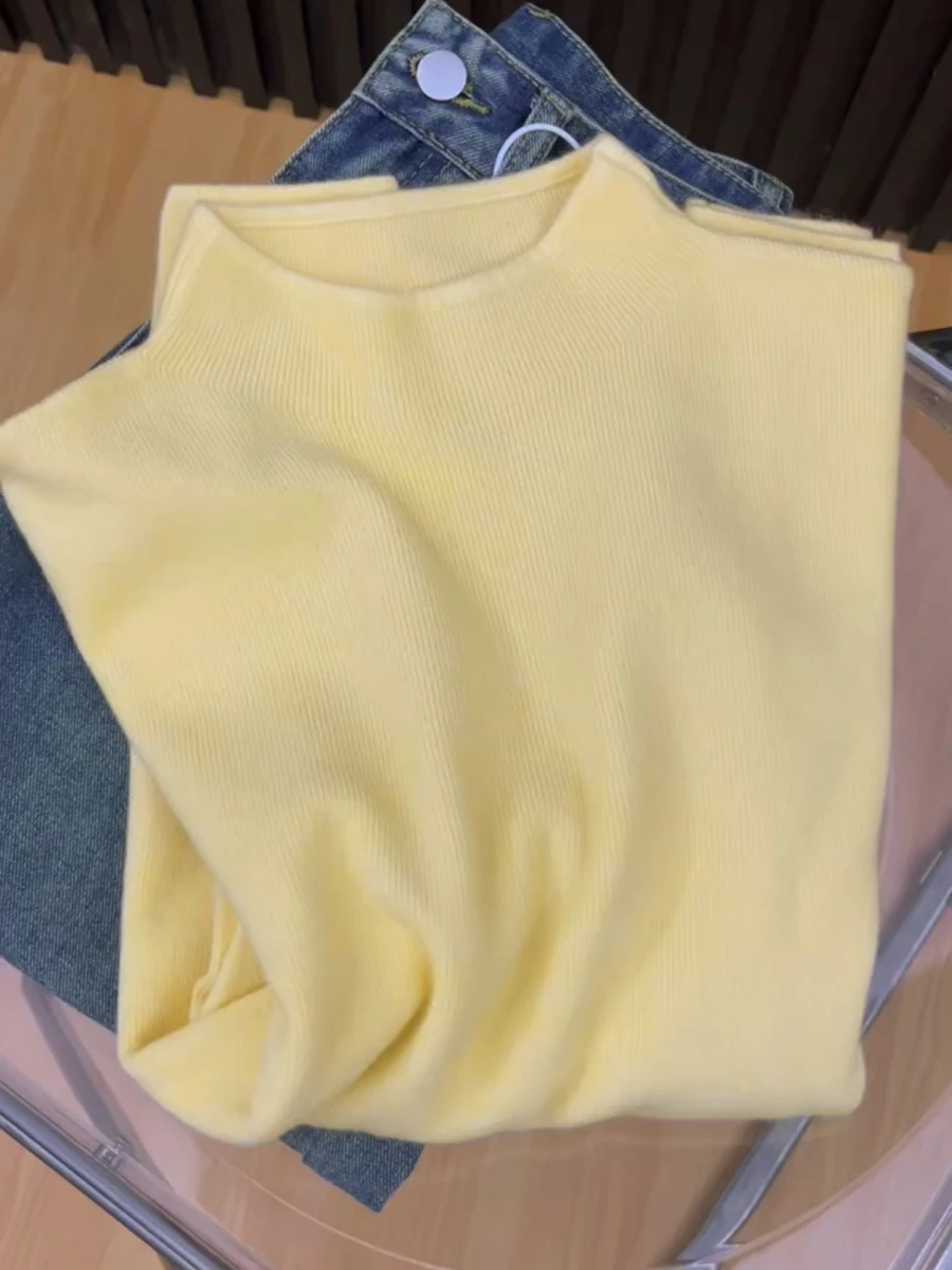 Sweter golf damski Harajuku, dopasowany, miękki na jesień zimę żółty