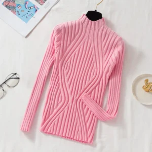Sweter golf damski z wysokim kołnierzem, dopasowany krój Różowy