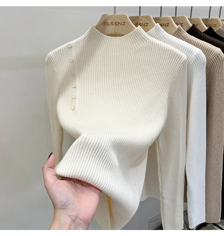 Sweter golf damski zapinany na guziki, koreański styl slim fit Armijna zieleń
