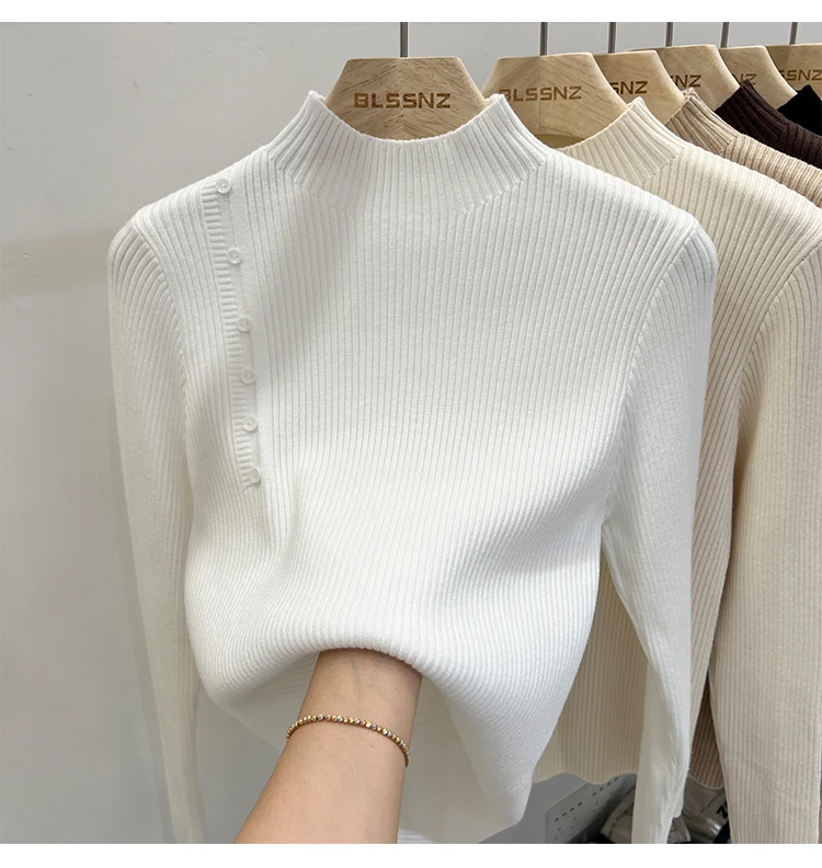 Sweter golf damski zapinany na guziki, koreański styl slim fit Błękitny