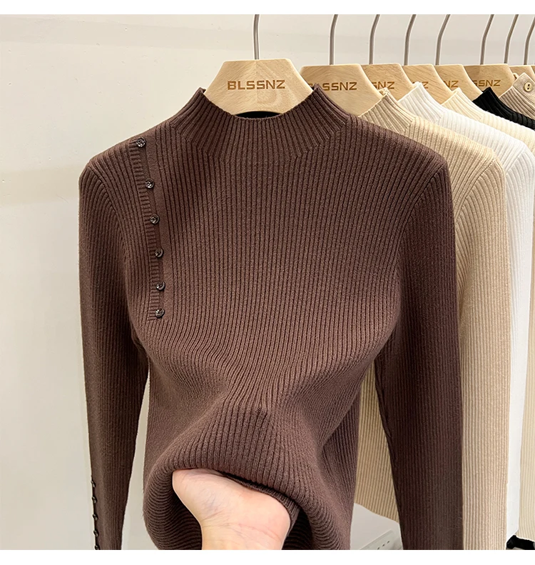 Sweter golf damski zapinany na guziki, koreański styl slim fit Ciemny brąz