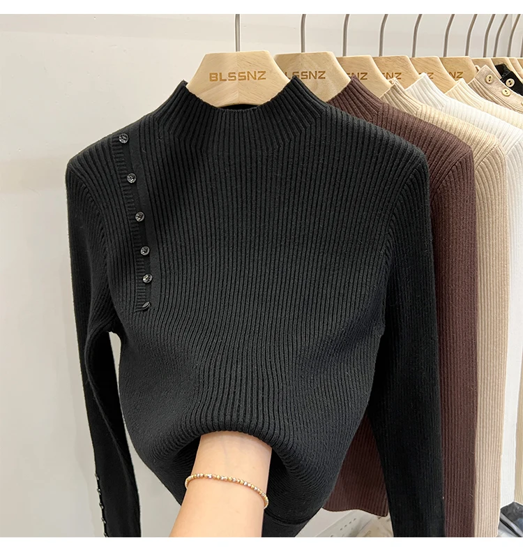 Sweter golf damski zapinany na guziki, koreański styl slim fit Zielony