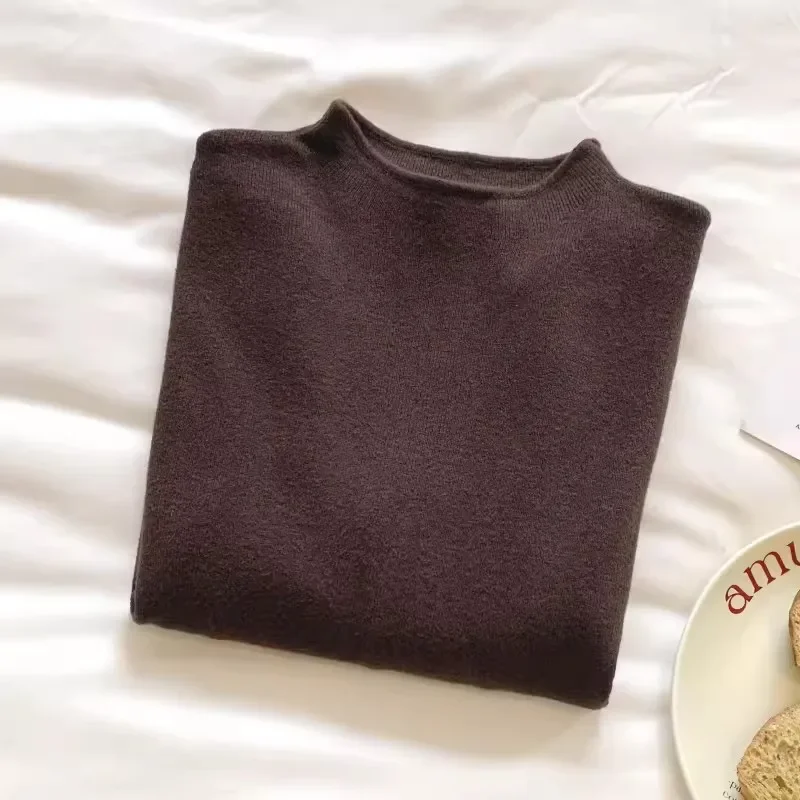 Damski sweter golf vintage z długim rękawem casualowy Ciemny brąz