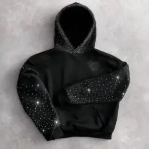 Sweter z haftem serca i dżetami damski grube dziewo Czarny