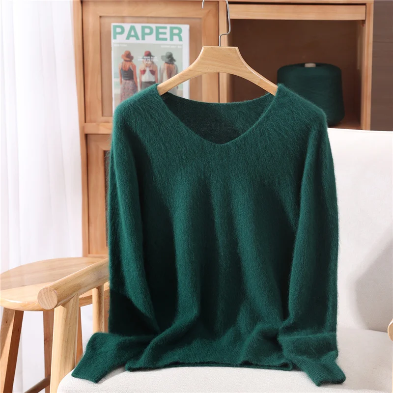 Sweter z kaszmiru z dekoltem w serek, luźny krój Zielony