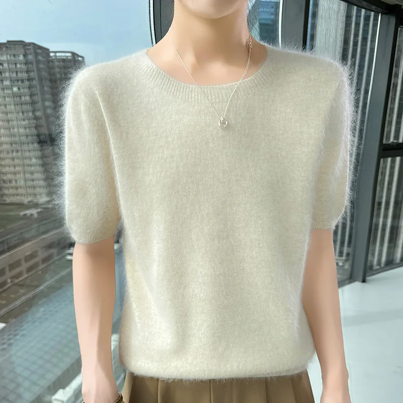Sweter kaszmirowyz krótkim rękawem, letni top z dzianiny Beżowy