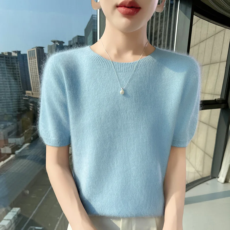 Sweter kaszmirowyz krótkim rękawem, letni top z dzianiny Błękitny