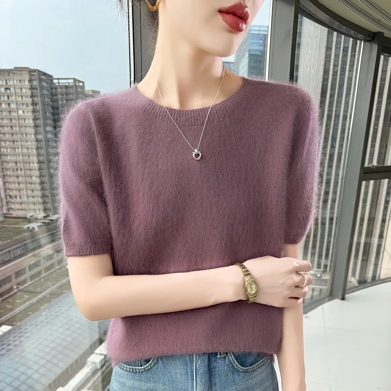 Sweter kaszmirowyz krótkim rękawem, letni top z dzianiny Brązowy