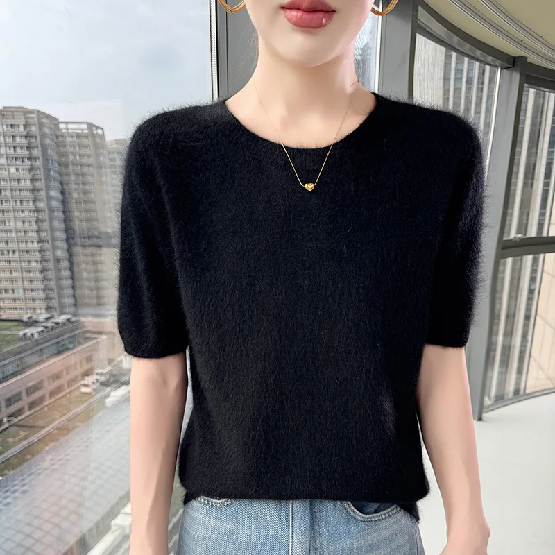 Sweter kaszmirowyz krótkim rękawem, letni top z dzianiny Czarny
