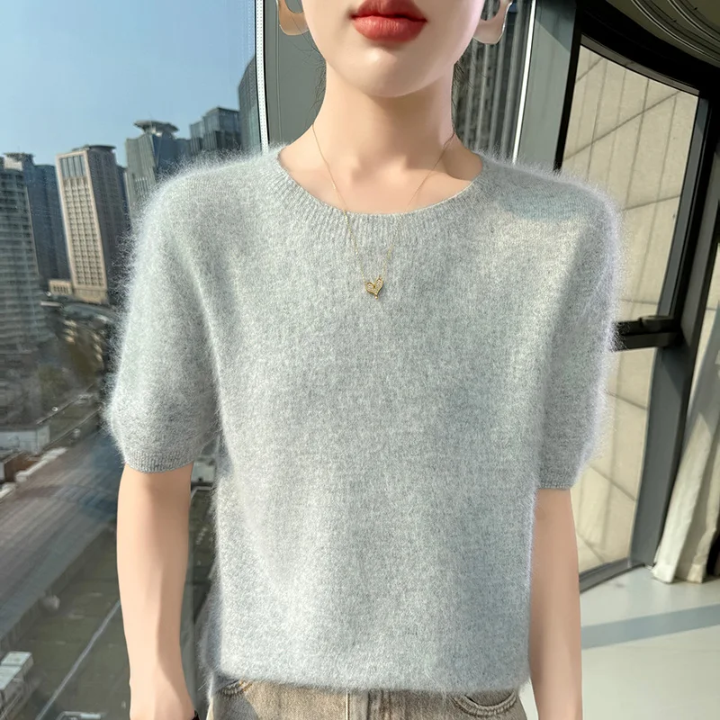 Sweter kaszmirowyz krótkim rękawem, letni top z dzianiny Jasnoszary