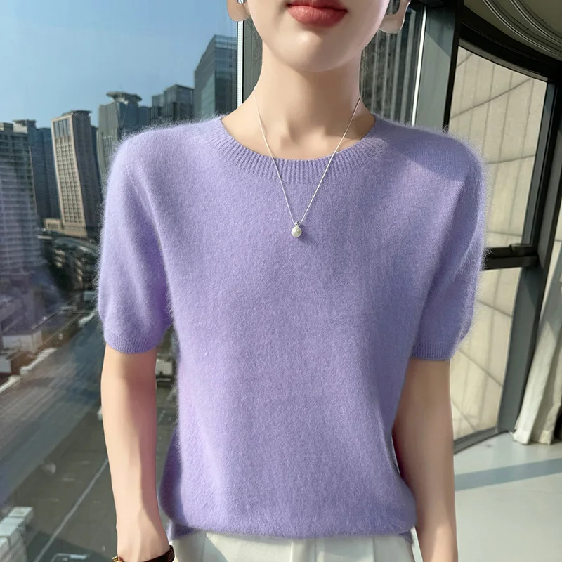Sweter kaszmirowyz krótkim rękawem, letni top z dzianiny Lawenda