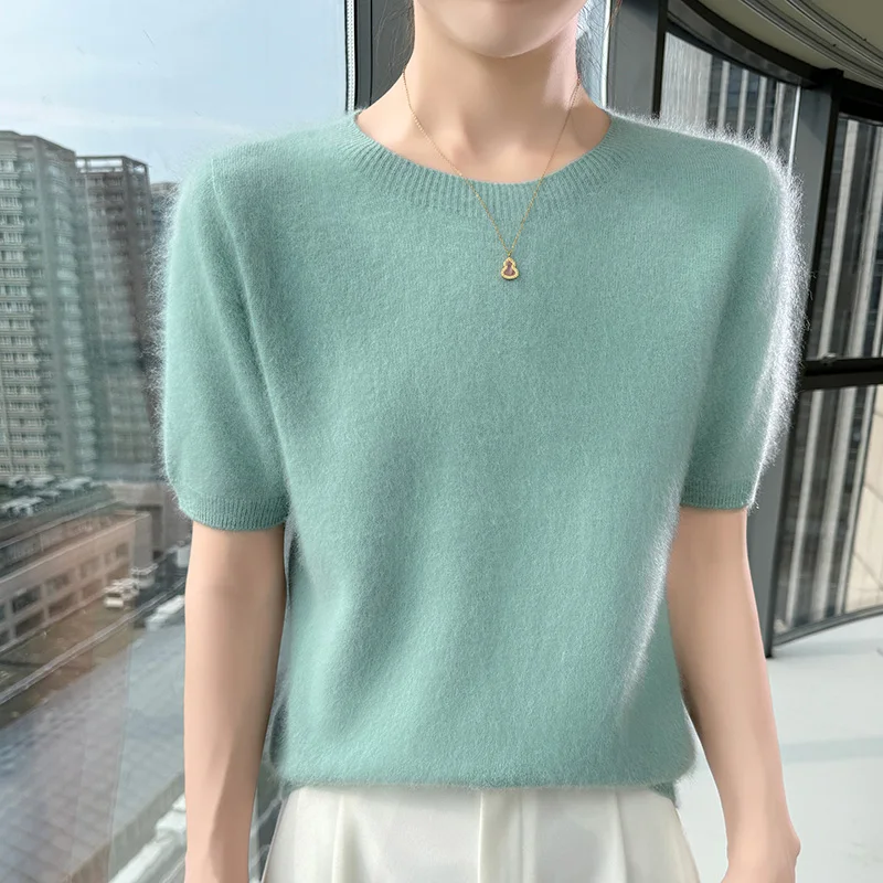 Sweter kaszmirowyz krótkim rękawem, letni top z dzianiny Mięta