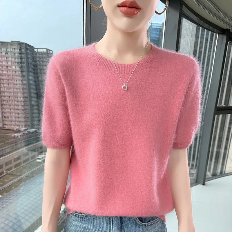 Sweter kaszmirowyz krótkim rękawem, letni top z dzianiny Różowy
