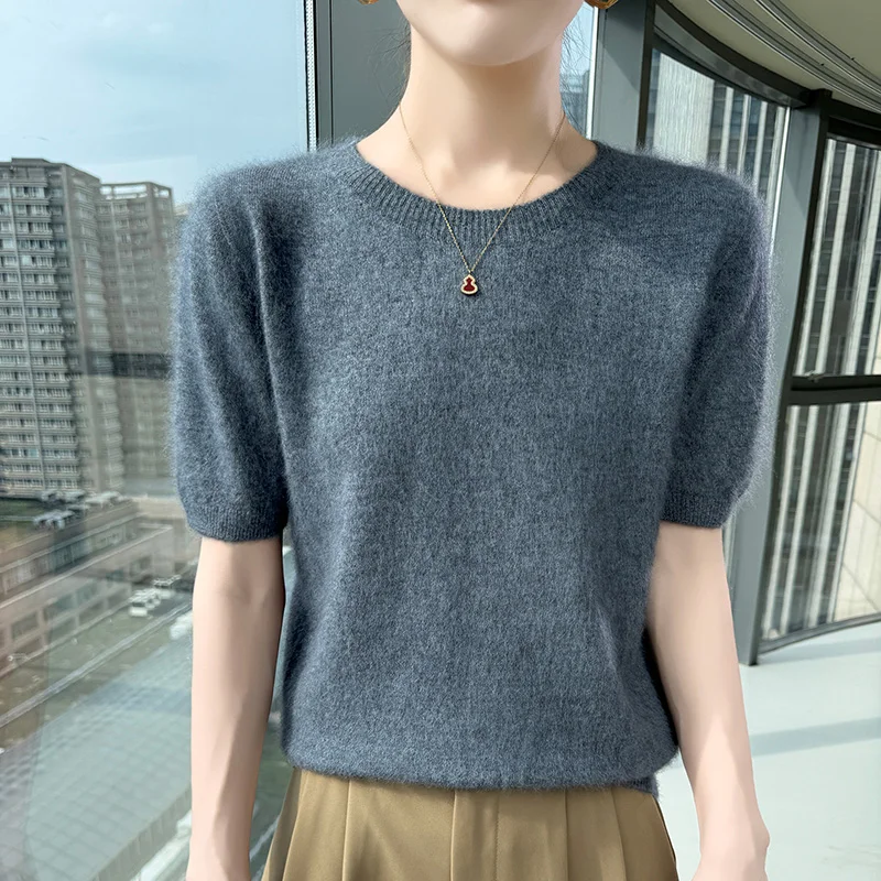 Sweter kaszmirowyz krótkim rękawem, letni top z dzianiny Szary