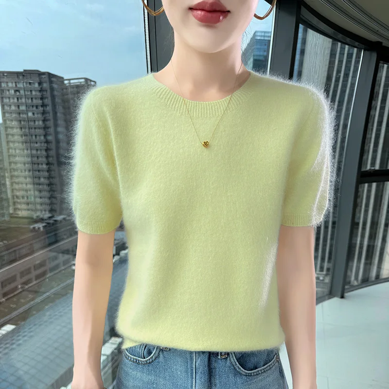 Sweter kaszmirowyz krótkim rękawem, letni top z dzianiny żółty