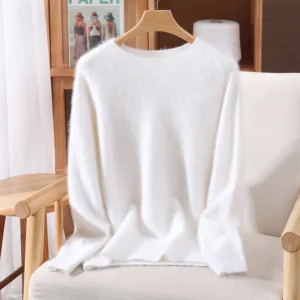 Sweter z kaszmiru norki luźny z okrągłym dekoltem damski Biały