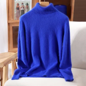 Sweter damski z kaszmiru norkowego z wysokim kołnierzem Granatowy