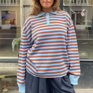 Sweter w paski z kołnierzem preppy vintage oversize Brązowy