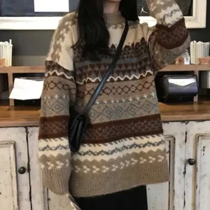 Sweter w paski koreański vintage oversize damski Khaki