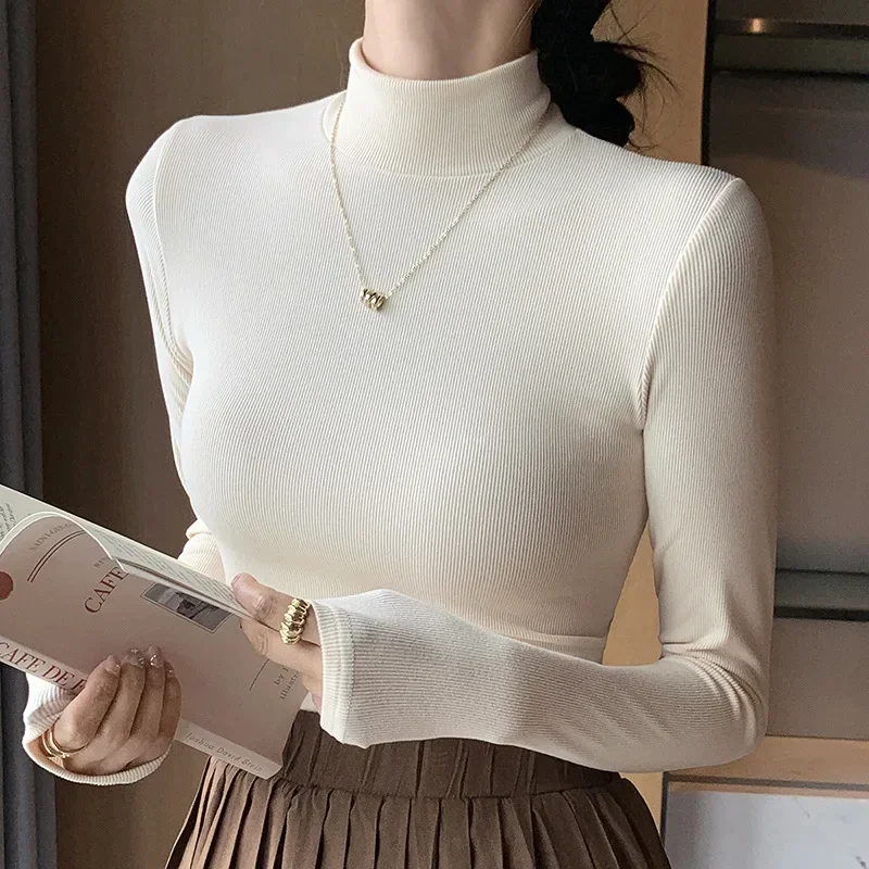 Sweter z półgolfem dzianinowy top koreański styl Beżowy