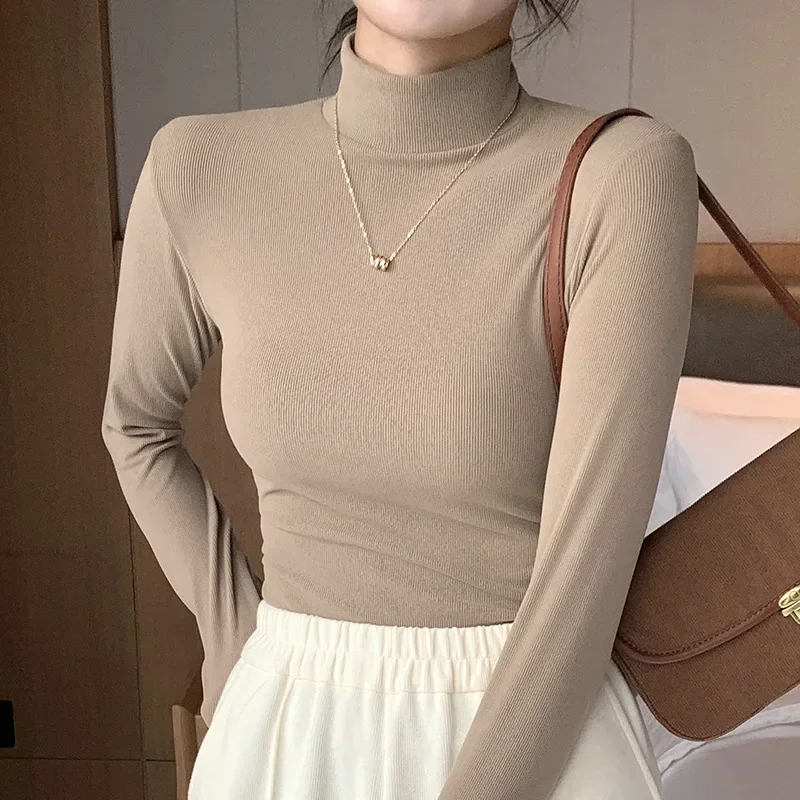 Sweter z półgolfem dzianinowy top koreański styl Khaki