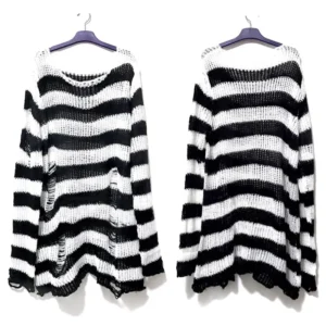 Sweter punk oversize w paski z dziurami Biały