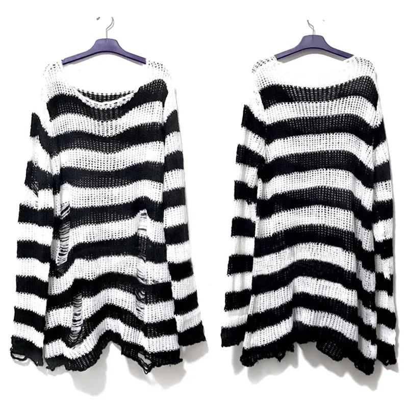 Sweter punk oversize w paski z dziurami Biały