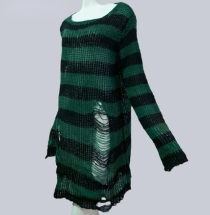 Sweter punk oversize w paski z dziurami Ciemnozielony