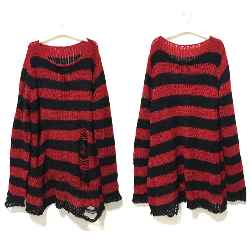 Sweter punk oversize w paski z dziurami Czerwony