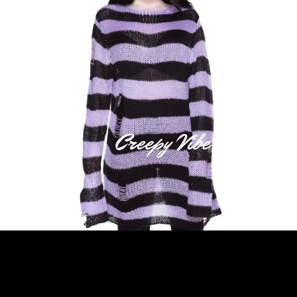 Sweter punk oversize w paski z dziurami Jasny fiolet