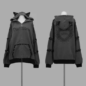 Sweter rozpinany z kocimi uszkami Y2k Harajuku — ciepły i stylowy Beżowy