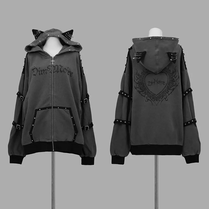Sweter rozpinany z kocimi uszkami Y2k Harajuku — ciepły i stylowy Beżowy