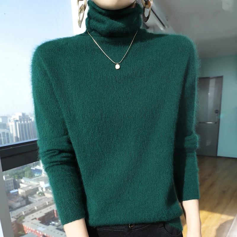 Sweter turtleneck z czystego kaszmiru norki luźny duże rozmiary Armijna zieleń