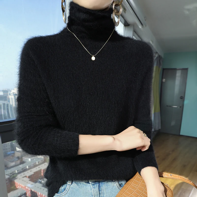 Sweter turtleneck z czystego kaszmiru norki luźny duże rozmiary Czarny