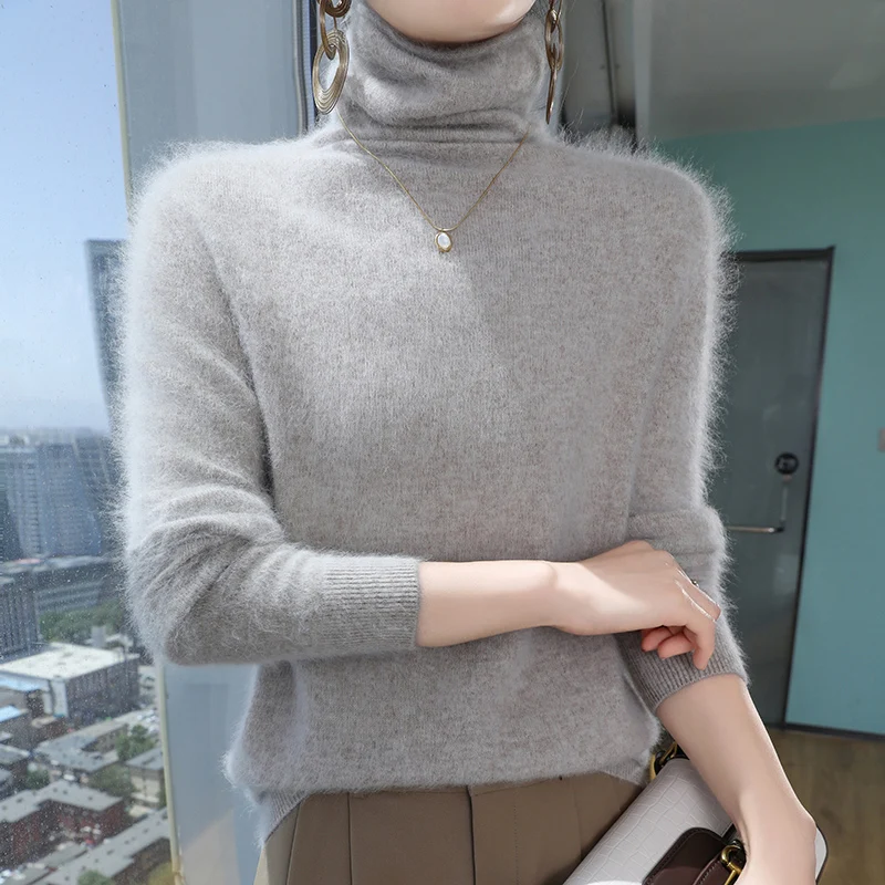 Sweter turtleneck z czystego kaszmiru norki luźny duże rozmiary Khaki