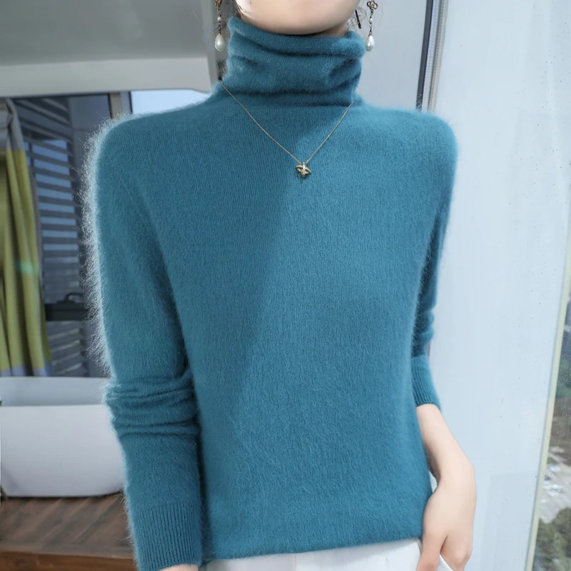 Sweter turtleneck z czystego kaszmiru norki luźny duże rozmiary Niebieski
