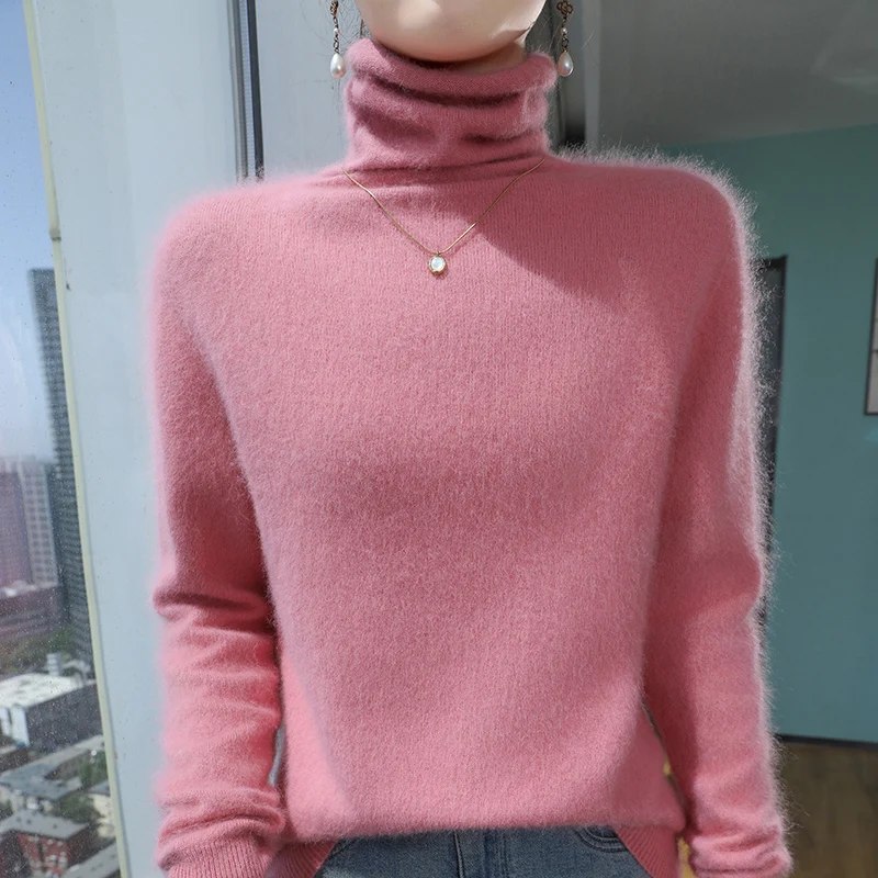 Sweter turtleneck z czystego kaszmiru norki luźny duże rozmiary Różowy