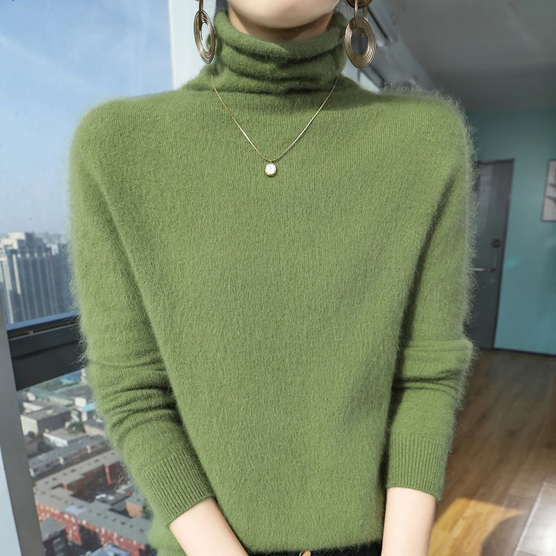 Sweter turtleneck z czystego kaszmiru norki luźny duże rozmiary Turkusowy