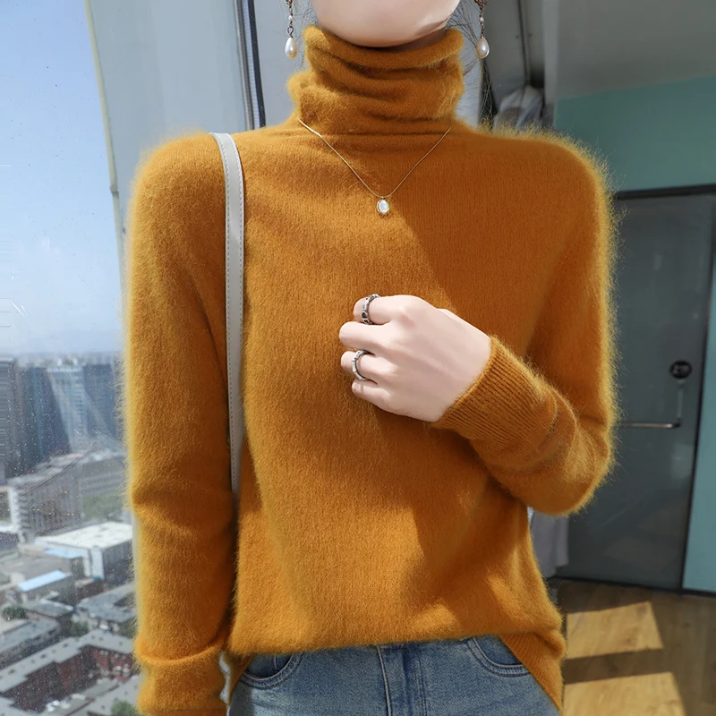 Sweter turtleneck z czystego kaszmiru norki luźny duże rozmiary Złoto